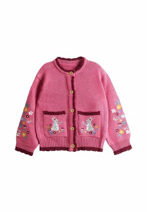 Pink knitted cardigan featuring wooden buttons, ribbed cuffs, and embroidered rabbit with flowers on pockets and sleeves.