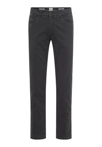 Pantaloni di cotone grigi con un design a gamba dritta, dotati di tasche anteriori e chiusura a bottone in vita.