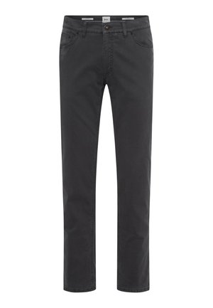 Graue Baumwollhosen mit geradem Bein, ausgestattet mit Fronttaschen und einem Knopfverschluss am Bund.