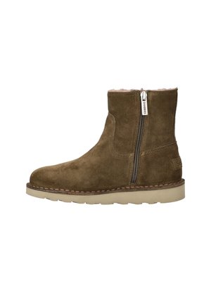 Brown suede ankle boot with beige sole, side zipper, and soft inner lining visible at the top edge.