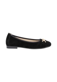 Bailarinas de ante negro con punta redondeada, que incluyen un detalle decorativo en tono dorado en la parte delantera y una suela de goma baja y duradera.