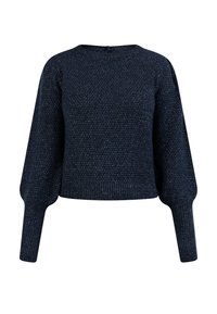 Sötétkék kötött pulóver texturált felülettel, kerek nyakkivágással és puffos hosszú ujjal. Rövidített fazon, hátul záródással.