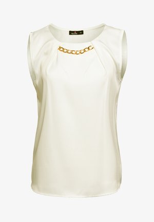 Biała bezrękawnikowa bluzka z okrągłym dekoltem, z złotym łańcuchem jako akcentem na przodzie, wykonana z gładkiej tkaniny.