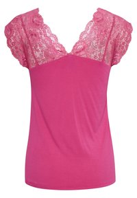 Růžový top s krajkovými krátkými rukávy a hladkým, přiléhavým tělem. Zadní strana má jemný krajkový detail, který dodává texturu a kontrast.