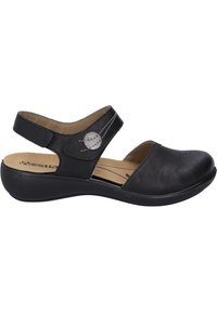 Scarpa in pelle nera con punta rotonda, lati aperti e fascia in Velcro. Presenta un accento circolare argentato e dettagli di cucitura leggera.
