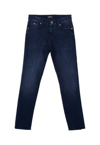 Jeans blu scuro con design a gamba dritta, realizzati in tessuto di denim, dotati di tasche frontali, chiusura a bottone e dettagli di scolorimento poco evidenti.