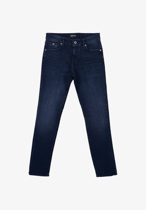 Jeans azul oscuro con un diseño de pierna recta, fabricados en tejido de mezclilla, que cuentan con bolsillos delanteros, cierre de botón y sutiles detalles de desvanecimiento.