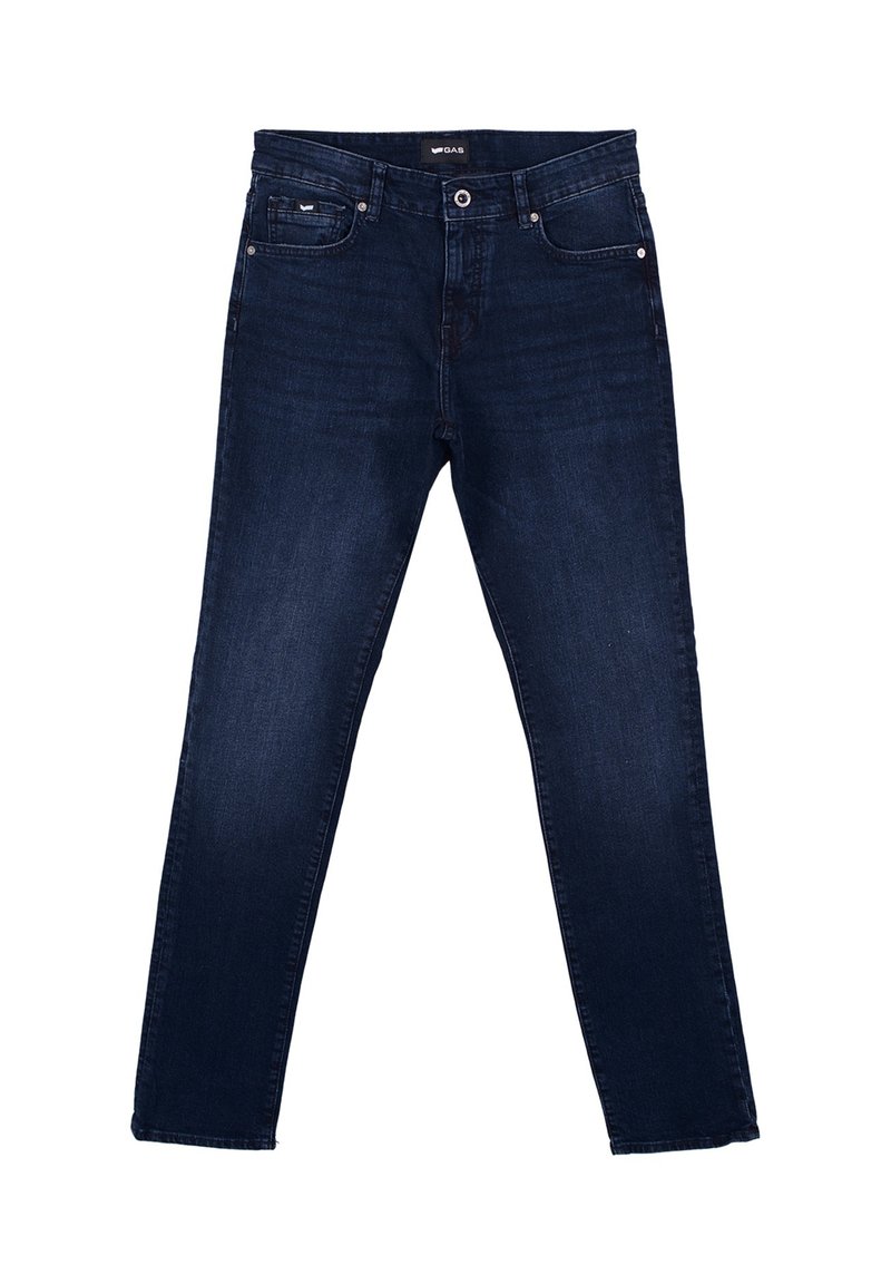 Jeans blu scuro con design a gamba dritta, realizzati in tessuto di denim, dotati di tasche frontali, chiusura a bottone e dettagli di scolorimento poco evidenti.