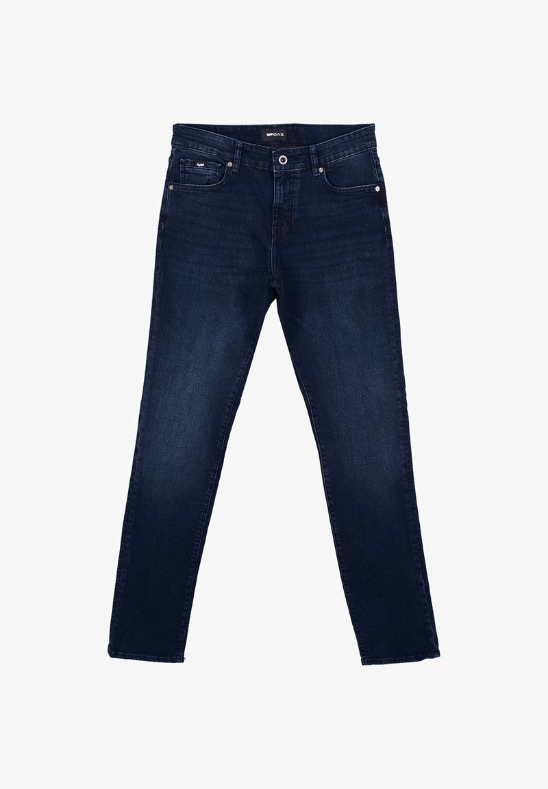 Jeans azul oscuro con un diseño de pierna recta, fabricados en tejido de mezclilla, que cuentan con bolsillos delanteros, cierre de botón y sutiles detalles de desvanecimiento.