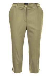 Olivgrüne, verkürzte Hosen aus leichtem Stoff, mit Knopfverschluss, Seitentaschen und sichtbaren vorderen Nahtdetails.