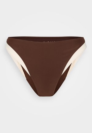 Brown bikini bottom featuring contrasting cream side panels, made of smooth fabric with a simple, sleek design and moderate coverage.