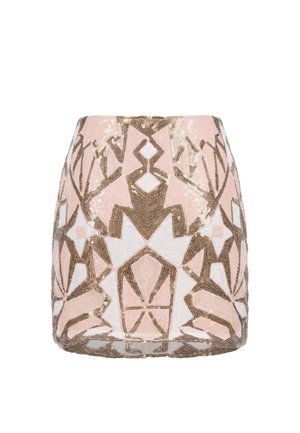 Minigonna con motivo geometrico di paillettes in tonalità di rosa, oro e bianco su sfondo di tessuto a rete.