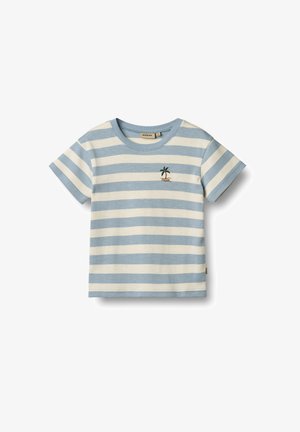 Himmelblau- und weiß gestreiftes Kurzarm-T-Shirt mit einem kleinen gestickten Palmen-Design auf der Vorderseite. Aus weichem Baumwollmaterial.