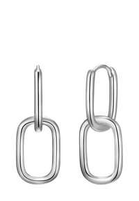 Ezüst fülbevalók, amelyek hosszan elnyújtott ovális formával rendelkeznek, összekapcsolt téglalap alakú díszítéssel, fényes fém felülettel és sima textúrával.