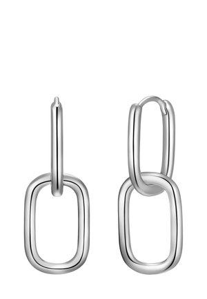 Silberohrringe mit einer verlängerten ovalen Form, die durch ineinander verschlungene rechteckige Akzente ergänzt werden. Sie haben eine polierte Metalloberfläche und eine glatte Textur.