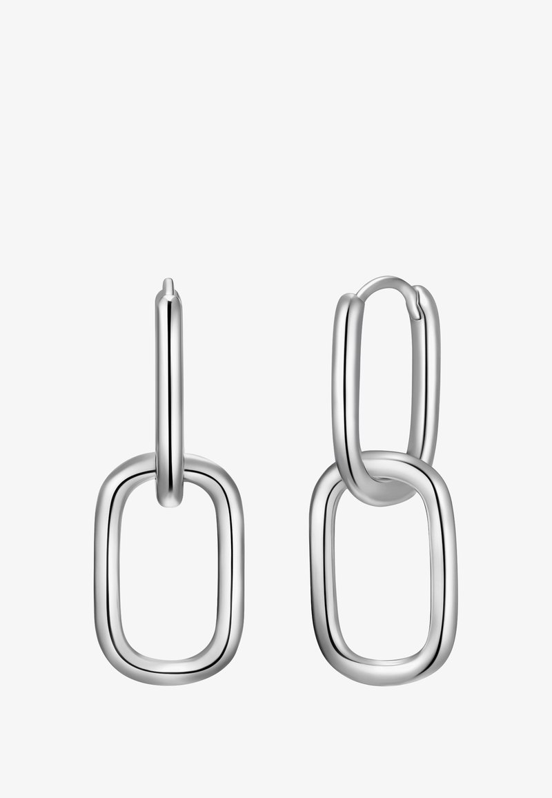 Ezüst fülbevalók, amelyek hosszan elnyújtott ovális formával rendelkeznek, összekapcsolt téglalap alakú díszítéssel, fényes fém felülettel és sima textúrával.