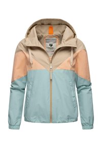 Lätt, vattenavvisande jacka i beige, persika och ljusblått. Har en huva, framfickor med dragkedja och elastiska ärmslut med mönstrad fodring.