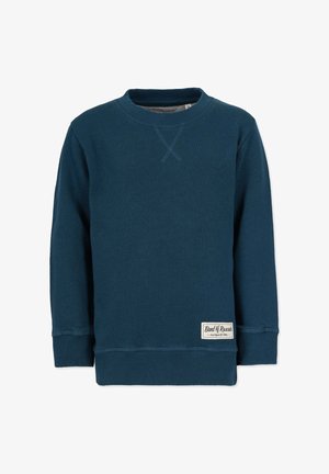 Marineblå sweatshirt med lange ærmer, ribbet halsudskæring og manchetter, blød tekstur, med et synligt mærke ved den nederste kant.