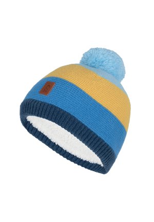 Blue and yellow knitted beanie with a light blue pom-pom, featuring a navy ribbed cuff and a soft fleece lining. Leather brand patch attached.