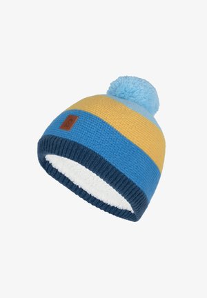 Blue and yellow knitted beanie with a light blue pom-pom, featuring a navy ribbed cuff and a soft fleece lining. Leather brand patch attached.
