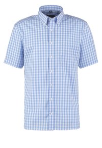 Vaaleansininen ruudullinen lyhythihainen nappipaita, valmistettu puuvillakankaasta, jossa on klassinen kaulus ja yksittäinen rintatasku.