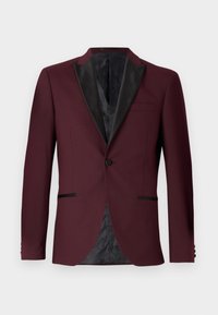 Burgunderfarbener Blazer mit schwarzen Satin-Revers, Ein-Knopf-Verschluss, zwei vorderen Taschen und gemustertem schwarzen Futter. Taillierte Passform und strukturierte Form.