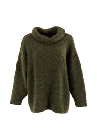 Olijfgroene gebreide trui, met een brede col, lange mouwen en een zachte, gestructureerde oppervlakte. Losvallend ontwerp voor comfort.