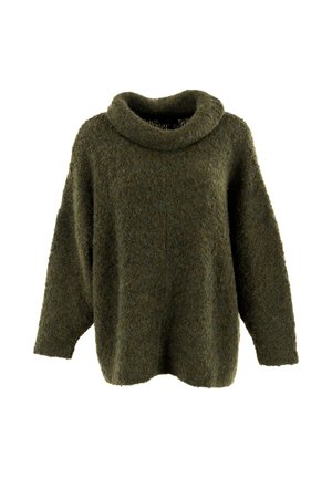 Maglione lavorato a maglia verde oliva, con ampio collo a scialle, maniche lunghe e una superficie morbida e testurizzata. Design loose-fit per il massimo confort.