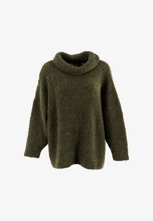 Olijfgroene gebreide trui, met een brede col, lange mouwen en een zachte, gestructureerde oppervlakte. Losvallend ontwerp voor comfort.