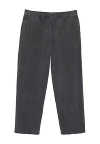 Grijze corduroy broek met een elastische tailleband, twee zijzakken en een recht model. Verticale ribbelstructuur over het hele oppervlak.