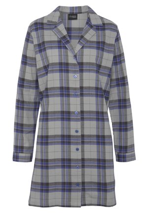 Gray plaid shirt dress with blue and black accents, long sleeves, notched collar, front button closure, and soft fabric texture.