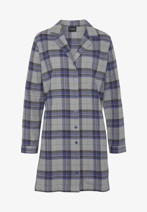 Gray plaid shirt dress with blue and black accents, long sleeves, notched collar, front button closure, and soft fabric texture.
