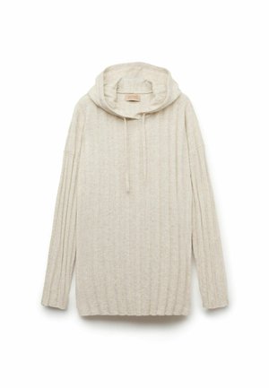 Hættetrøje i lyse beige strikket stof med lodrette ribber, der har snøre i hætten og lange ærmer med en løs pasform.
