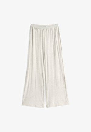 Jasnoszare spodnie o szerokich nogawkach, wykonane z miękkiego materiału. Posiadają elastyczny pasek w talii oraz luźny, swobodny krój bez wyraźnych wzorów.
