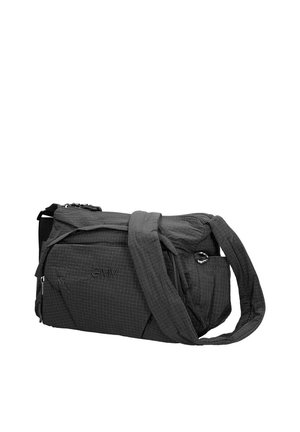 Petit sac bandoulière noir compact avec plusieurs compartiments zippés et une bandoulière réglable, avec une texture discrète en grille et le logo "GMV".