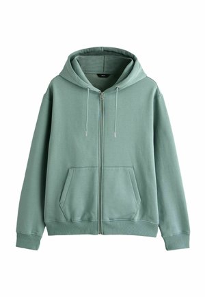Light green zip-up hoodie made of soft fabric, featuring a spacious hood, two front pockets, and ribbed cuffs and hem. Soft texture.