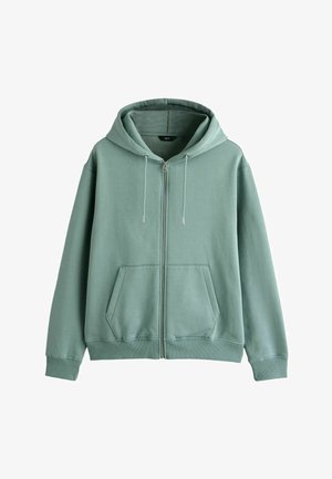 Light green zip-up hoodie made of soft fabric, featuring a spacious hood, two front pockets, and ribbed cuffs and hem. Soft texture.