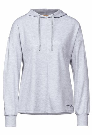 Hoodie à manches longues de couleur gris clair avec cordons de serrage et petit texte brodé en noir sur le bas à droite devant.