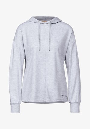 Hoodie à manches longues de couleur gris clair avec cordons de serrage et petit texte brodé en noir sur le bas à droite devant.