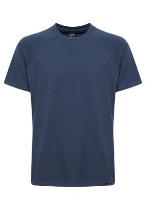 T-shirt in cotone blu navy con maniche raglan corte, scollatura rotonda e vestibilità dritta. Presenta una texture sottile e un piccolo logo all'orlo.