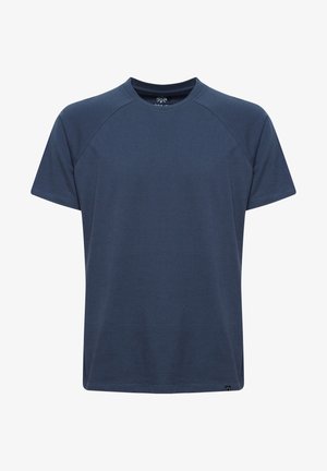Navy blue cotton t-shirt with short raglan sleeves, a round neckline, and a straight cut. Features subtle texture and a small logo at the hem.