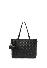 Sac fourre-tout en simili cuir matelassé noir avec deux poignées supérieures et une bandoulière réglable. Présente un piquage hexagonal et des accessoires en métal doré.