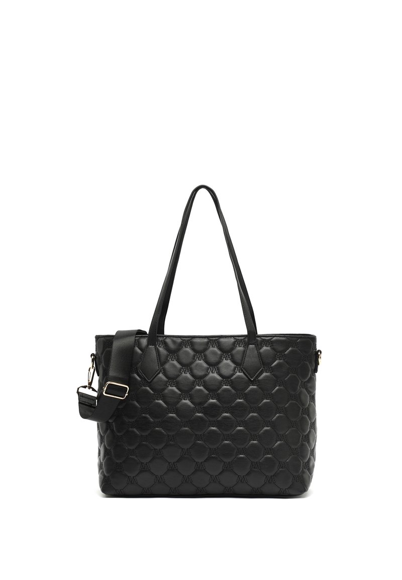 Sac fourre-tout en simili cuir matelassé noir avec deux poignées supérieures et une bandoulière réglable. Présente un piquage hexagonal et des accessoires en métal doré.