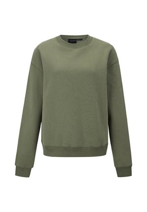 Bluza w kolorze oliwkowej zieleni wykonana z miękkiego materiału, z okrągłym dekoltem, opuszczanymi ramionami, prążkowanymi mankietami i dołem oraz prostym designem.