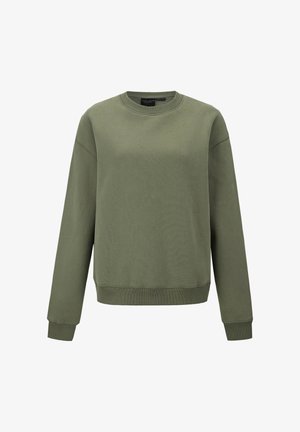 Bluza w kolorze oliwkowej zieleni wykonana z miękkiego materiału, z okrągłym dekoltem, opuszczanymi ramionami, prążkowanymi mankietami i dołem oraz prostym designem.