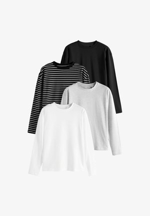 Quatre t-shirts à manches longues exposés : un blanc, un gris, un noir uni et un noir avec des rayures blanches. Tissu en coton doux, design à col ras du cou.