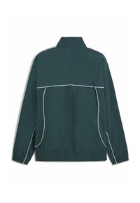 Grüne Windjacke mit Stehkragen, elastischen Bündchen und weißen Paspeln an den Nähten. Glatte Textur und lockere Passform.