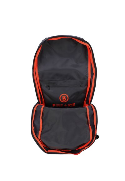 Black backpack with orange accents, featuring a zipper closure, spacious compartment, and a small inner zippered pocket. Logo displayed inside.