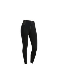 Leggings neri con vita alta e chiusura con zip, realizzati in tessuto elasticizzato con una consistenza liscia. Presentano lati senza cuciture e dettagli accentuati.