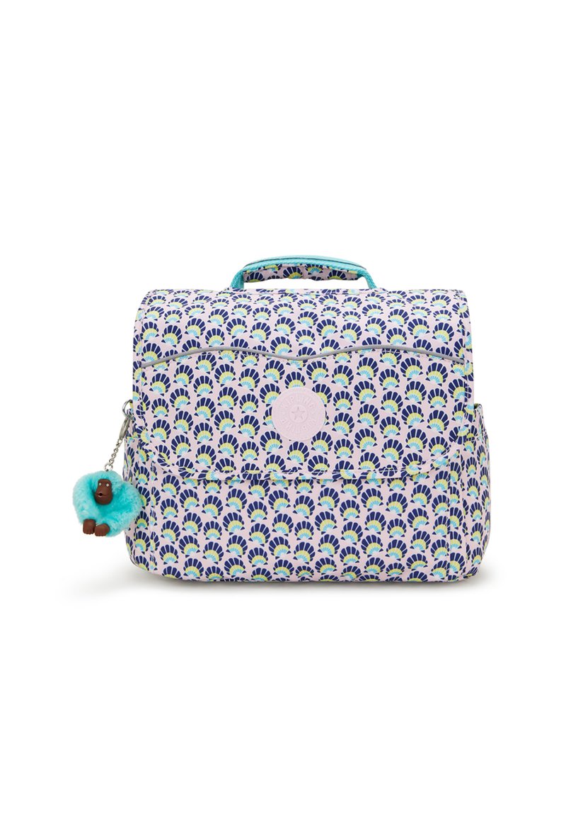 Rucksack mit einem lila, grünen und weißen Fächer-Muster. Verfügt über einen oberen Griff, eine vordere Klappe und einen blauen kuscheligen Anhänger.